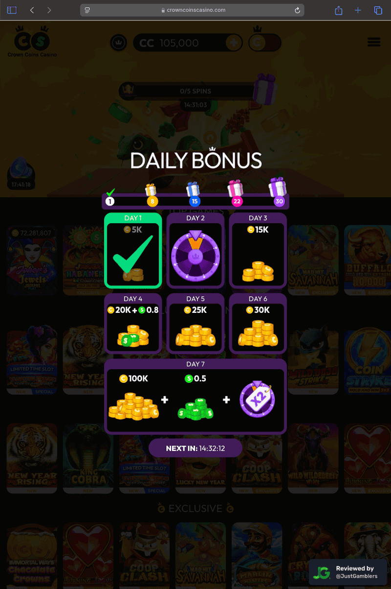Tablet screenshot of the promo page at Crown Coins.