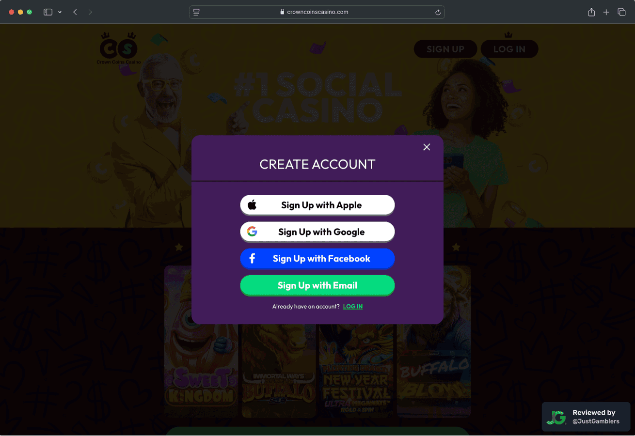 Desktop screenshot of the registration page at Crown Coins Casino.
