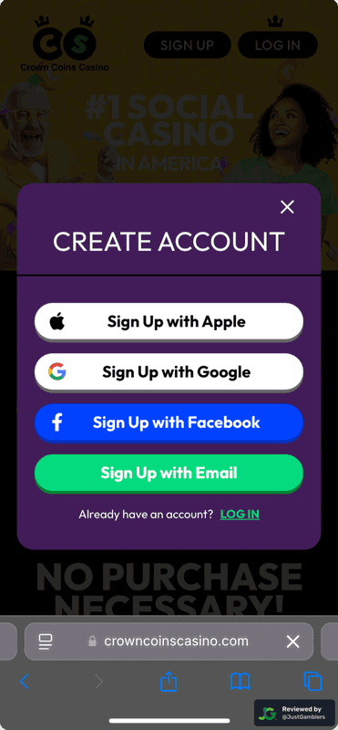 Mobile screenshot of the registration page at Crown Coins.