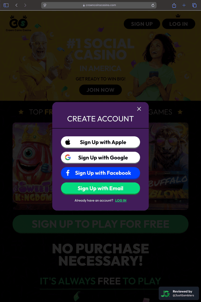 Tablet screenshot of the registration page at Crown Coins.