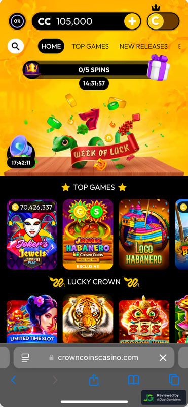Mobile screenshot of the starting page at Crown Coins.