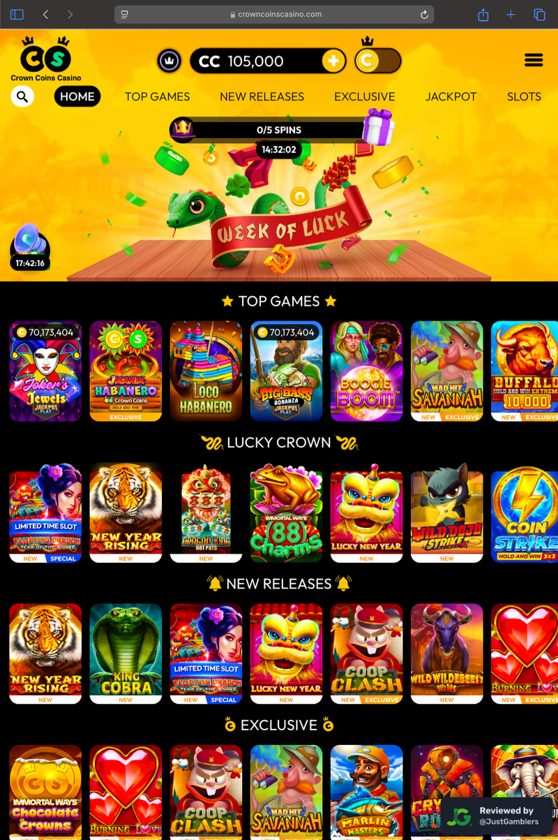 Tablet screenshot of the starting page at Crown Coins Casino.