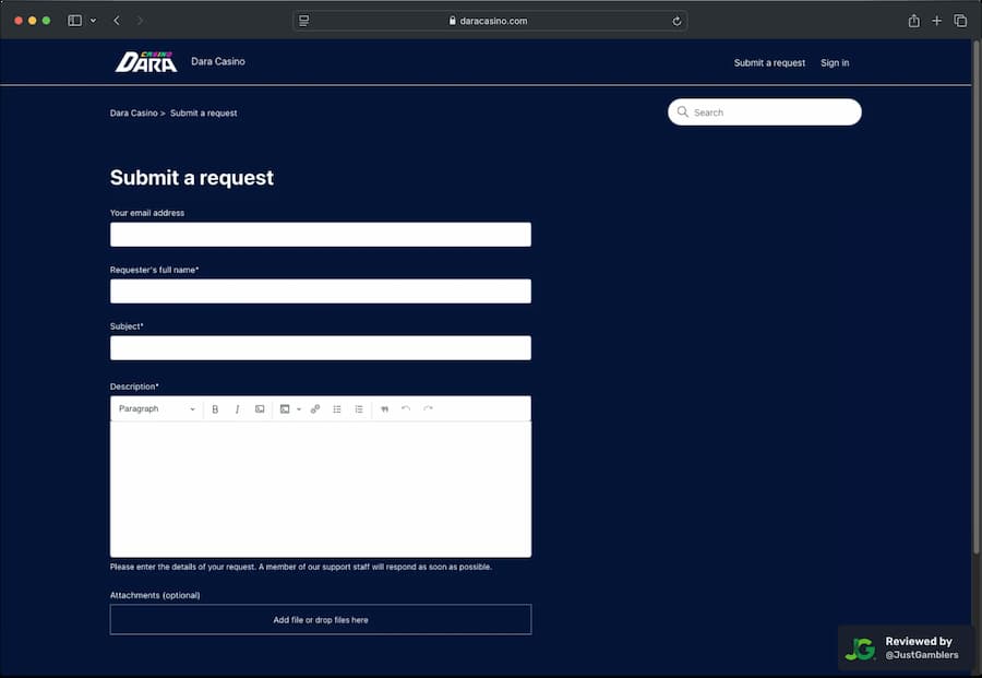 Desktop screenshot of the customer care page at Dara Casino.