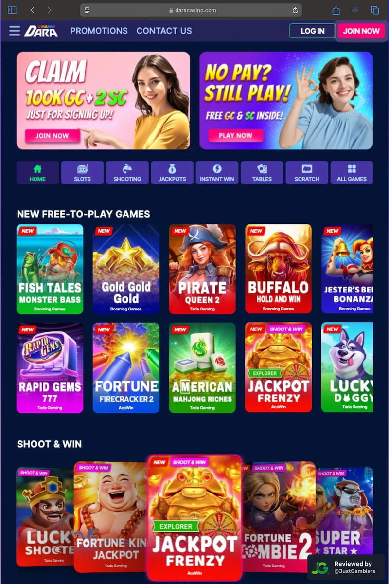 Tablet screenshot of the starting page at Dara Casino.