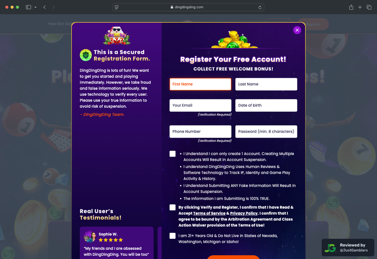 Desktop Screenshot of DingDingDing Registration Page