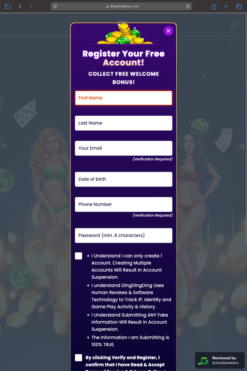 Tablet Screenshot of DingDingDing Registration Page