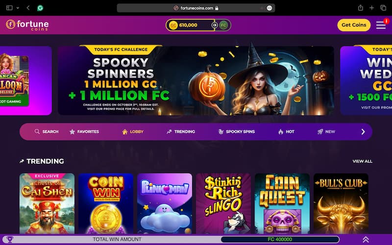 Desktop Screenshot of Fortune Coins Starting Page