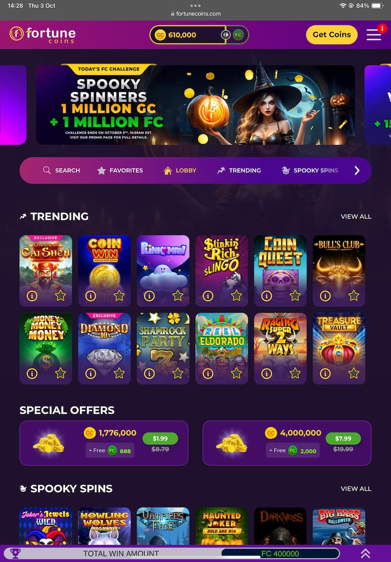 Tablet Screenshot of Fortune Coins Starting Page