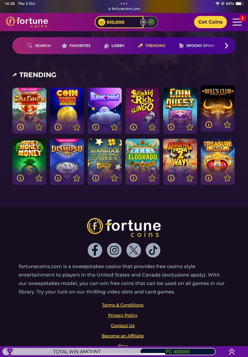 Tablet Screenshot of Fortune Coins Coin Purchase Page