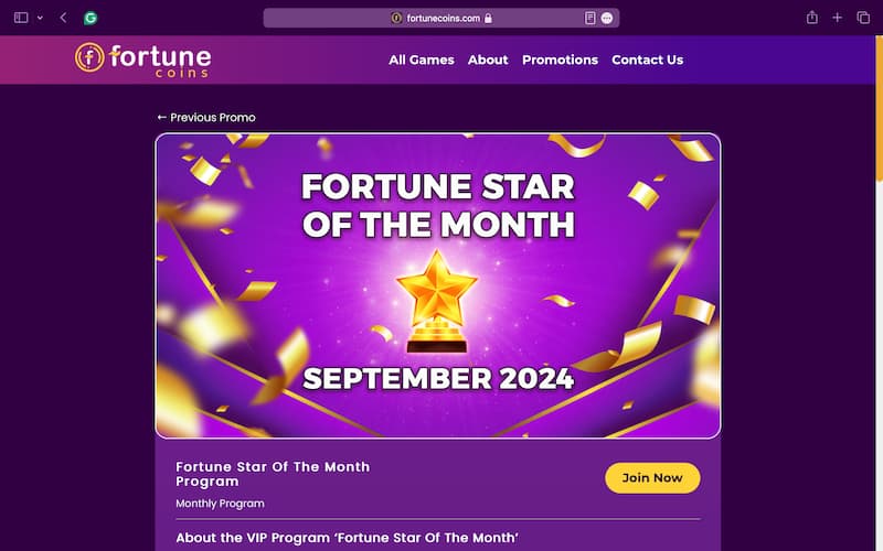 Desktop Screenshot of Fortune Coins Promo Page