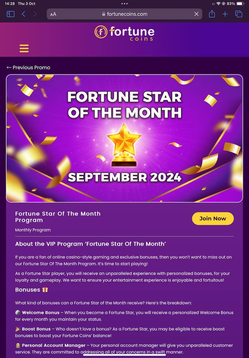 Tablet Screenshot of Fortune Coins Promo Page