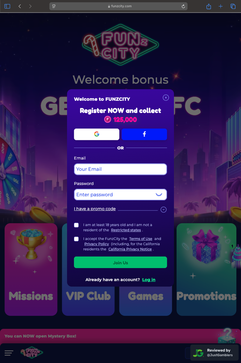 Tablet Screenshot of FunzCity Registration Page