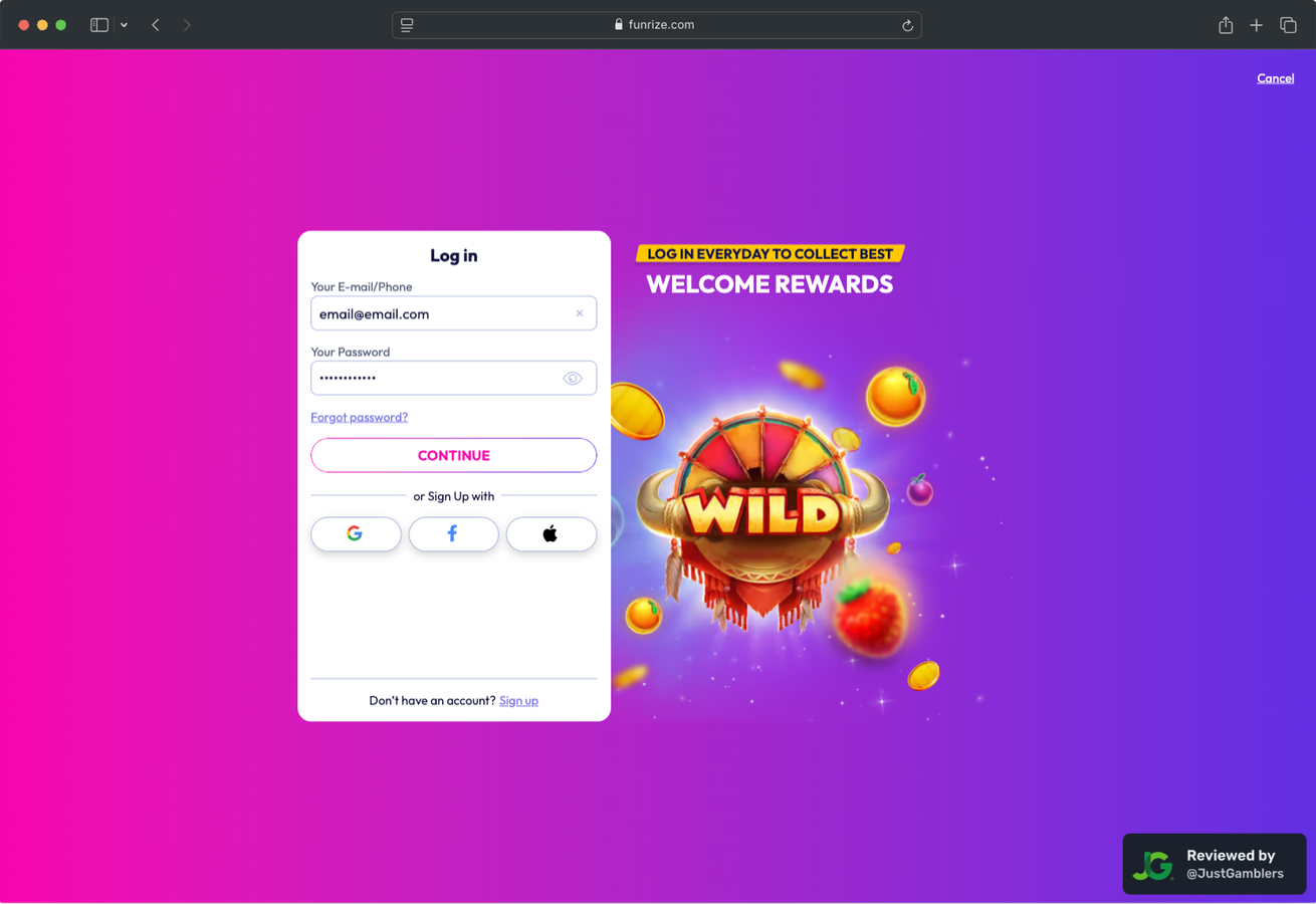 Desktop Screenshot of Funrize Registration Page