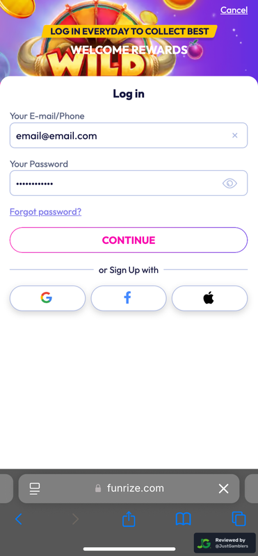 Mobile Screenshot of Funrize Registration Page