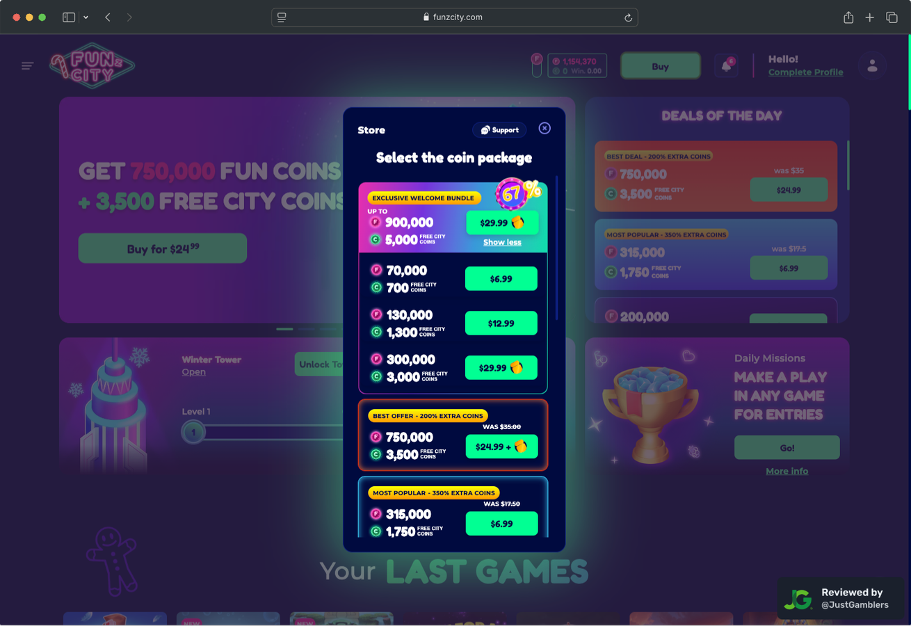 Desktop Screenshot of FunzCity Coin Purchase Page