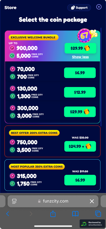 Mobile Screenshot of FunzCity Coin Purchase Page