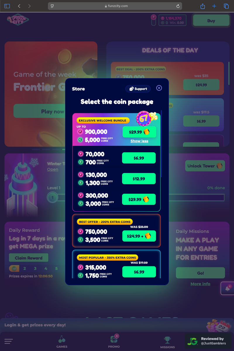 Tablet Screenshot of FunzCity Coin Purchase Page