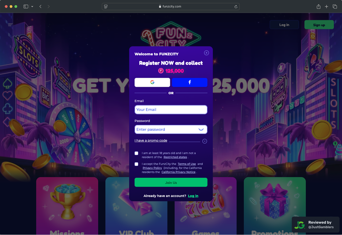 Desktop Screenshot of FunzCity Registration Page