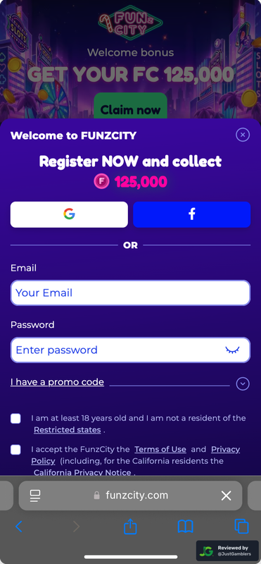 Mobile Screenshot of FunzCity Registration Page