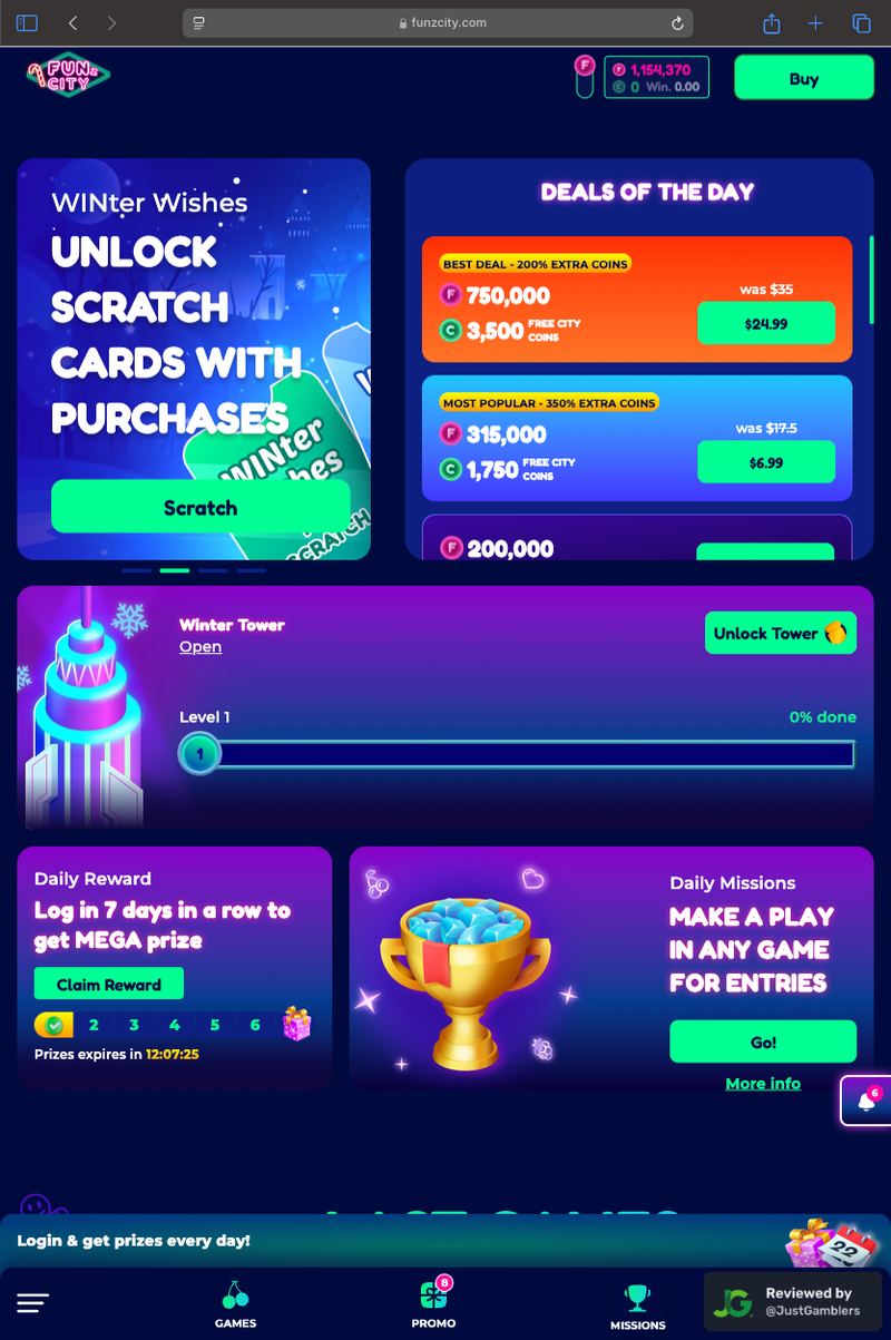 Tablet Screenshot of FunzCity Starting Page