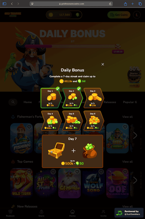 Tablet screenshot of the promo page at Gold Treasure Casino.