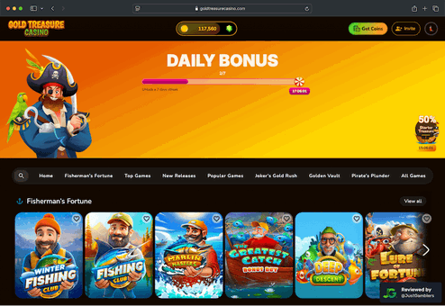 Capture d'écran de la page d'accueil Lucky Treasure Casino sur ordinateur