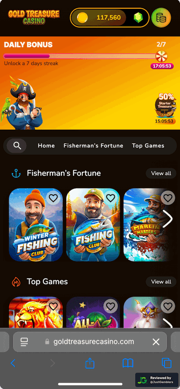 Mobile screenshot of the starting page at Gold Treasure Casino.