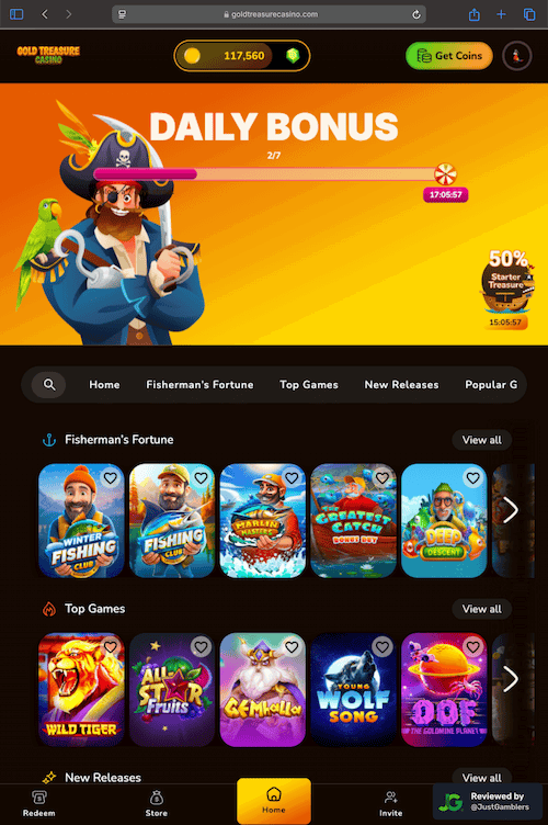 Tablet screenshot of the starting page at Gold Treasure Casino.