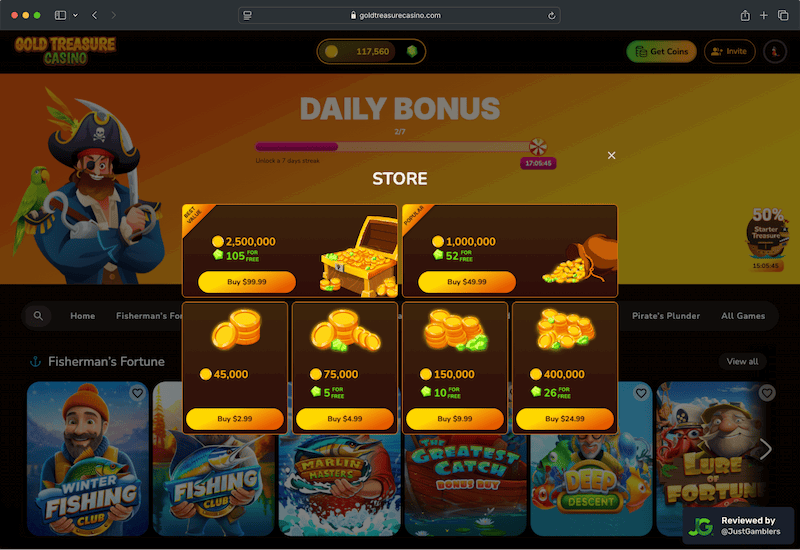 Desktop screenshot of the coin purchase process at Gold Treasure Casino.