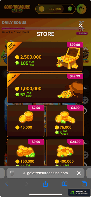 Mobile screenshot of the coin purchase process at Gold Treasure Casino.