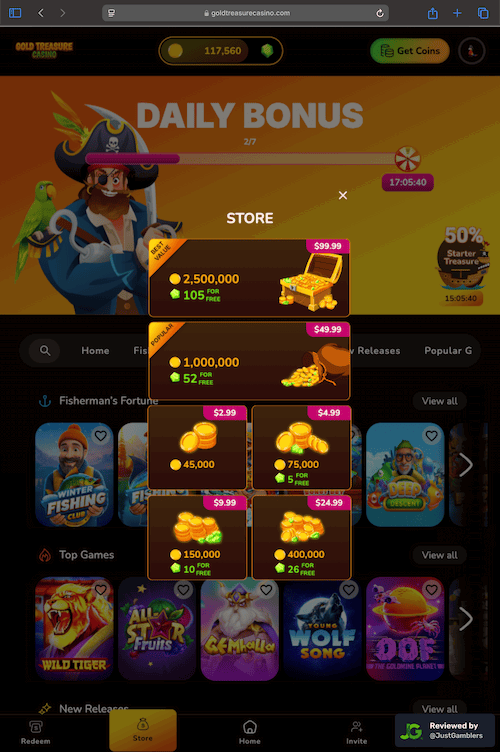Tablet screenshot of the coin purchase process at Gold Treasure Casino.