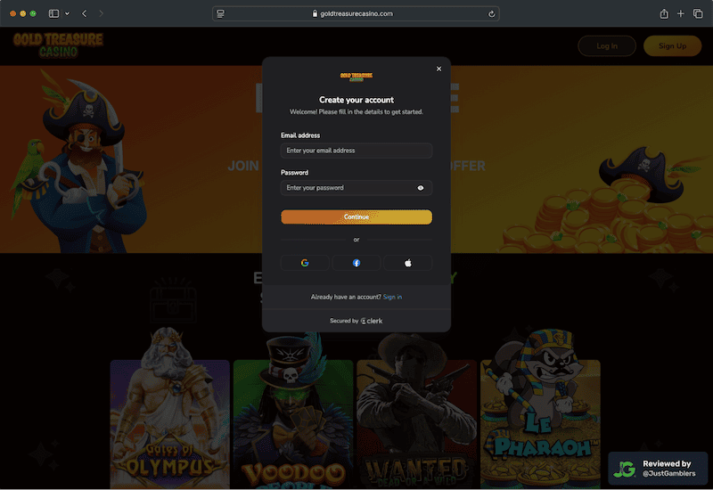 Desktop screenshot of the registration page at Gold Treasure Casino.