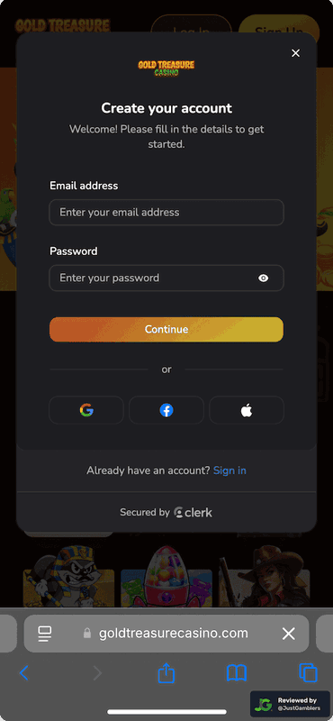 Mobile screenshot of the registration page at Gold Treasure Casino.
