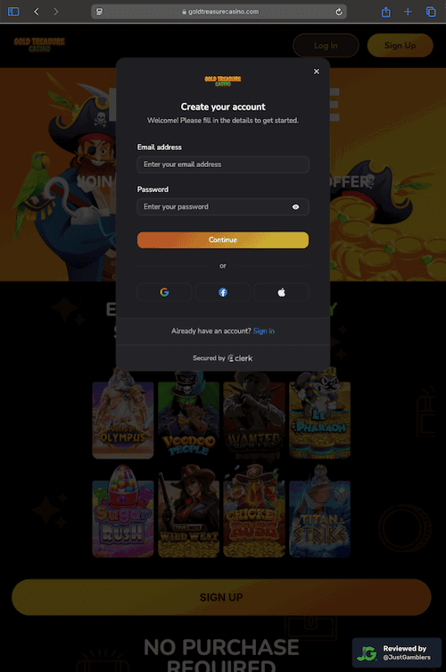Tablet screenshot of the registration page at Gold Treasure Casino.