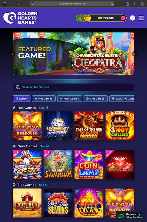 Tablet screenshot of the starting page at Golden Hearts Games.