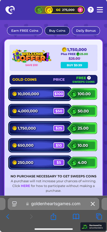 Mobile screenshot of the coin purchase process at Golden Hearts Games.