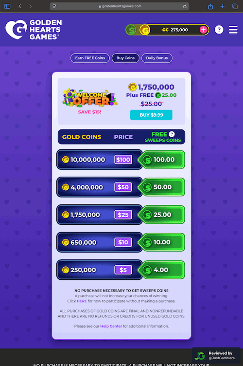 Tablet screenshot of the coin purchase process at Golden Hearts Games.