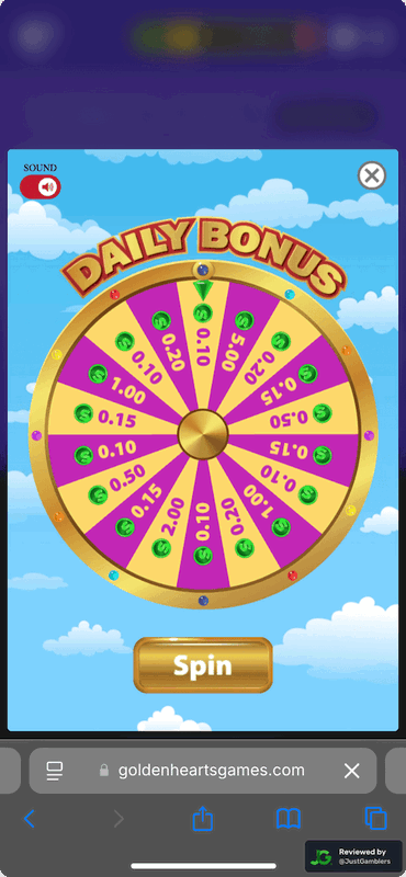 Mobile screenshot of the promo page at Golden Hearts Games.
