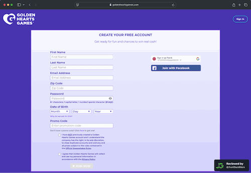 Desktop screenshot of the registration page at Golden Hearts Games