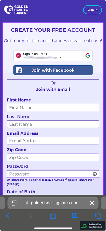 Mobile screenshot of the registration page at Golden Hearts Games.