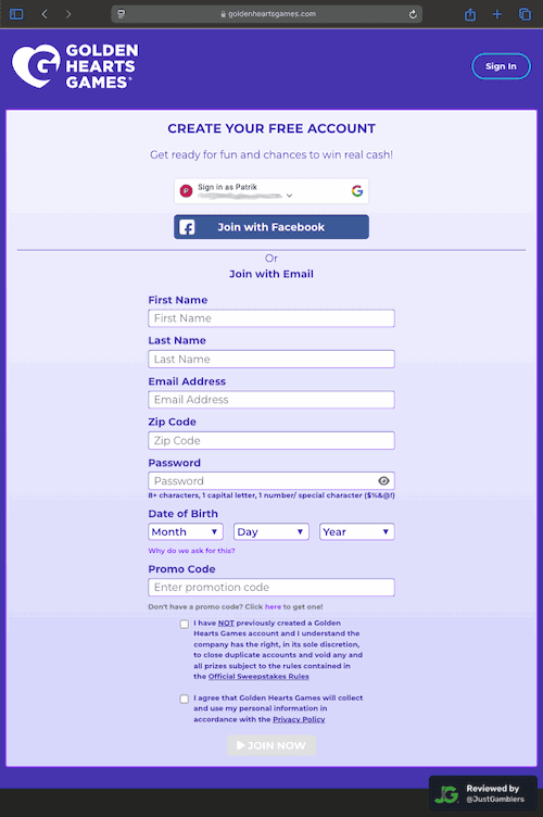 Tablet screenshot of the registration page at Golden Hearts Games.