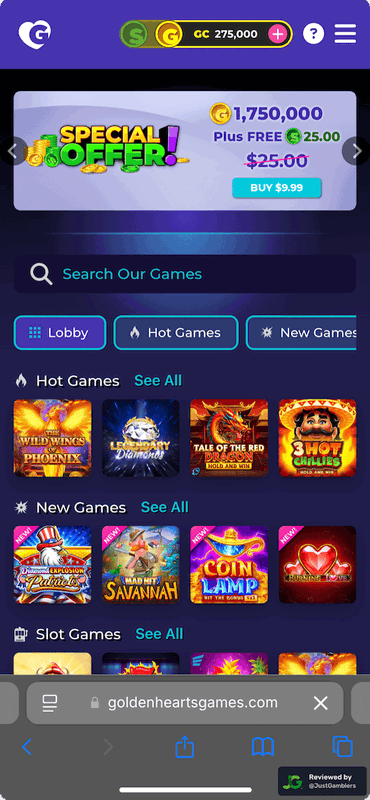 Mobile screenshot of the starting page at Golden Hearts Games.