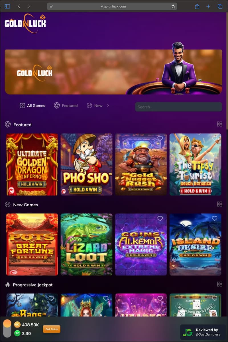 Tablet screenshot of the starting page at GoldNLuck.