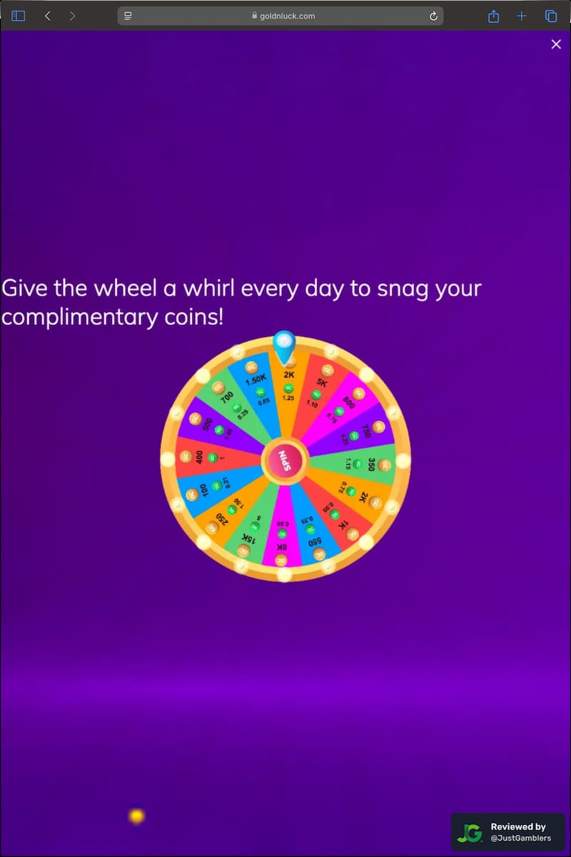 Tablet screenshot of the promo page at GoldNLuck.