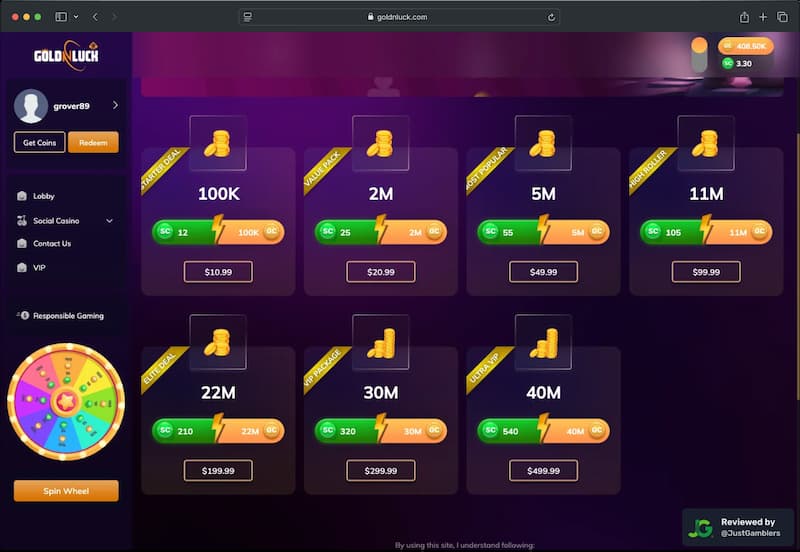 Desktop screenshot of the coin purchase process at GoldNLuck.