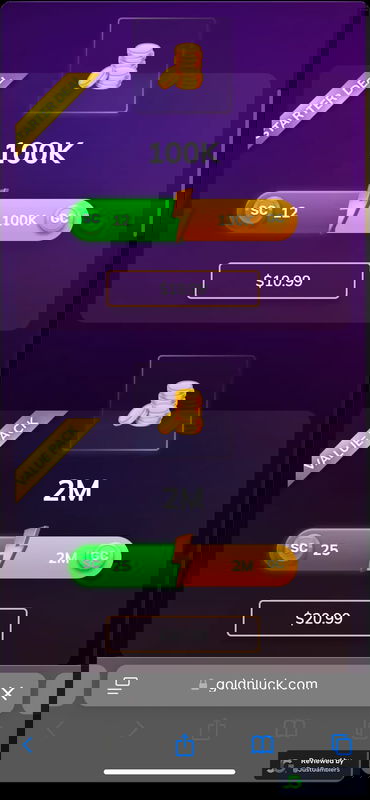 Mobile screenshot of the coin purchase process at GoldNLuck.