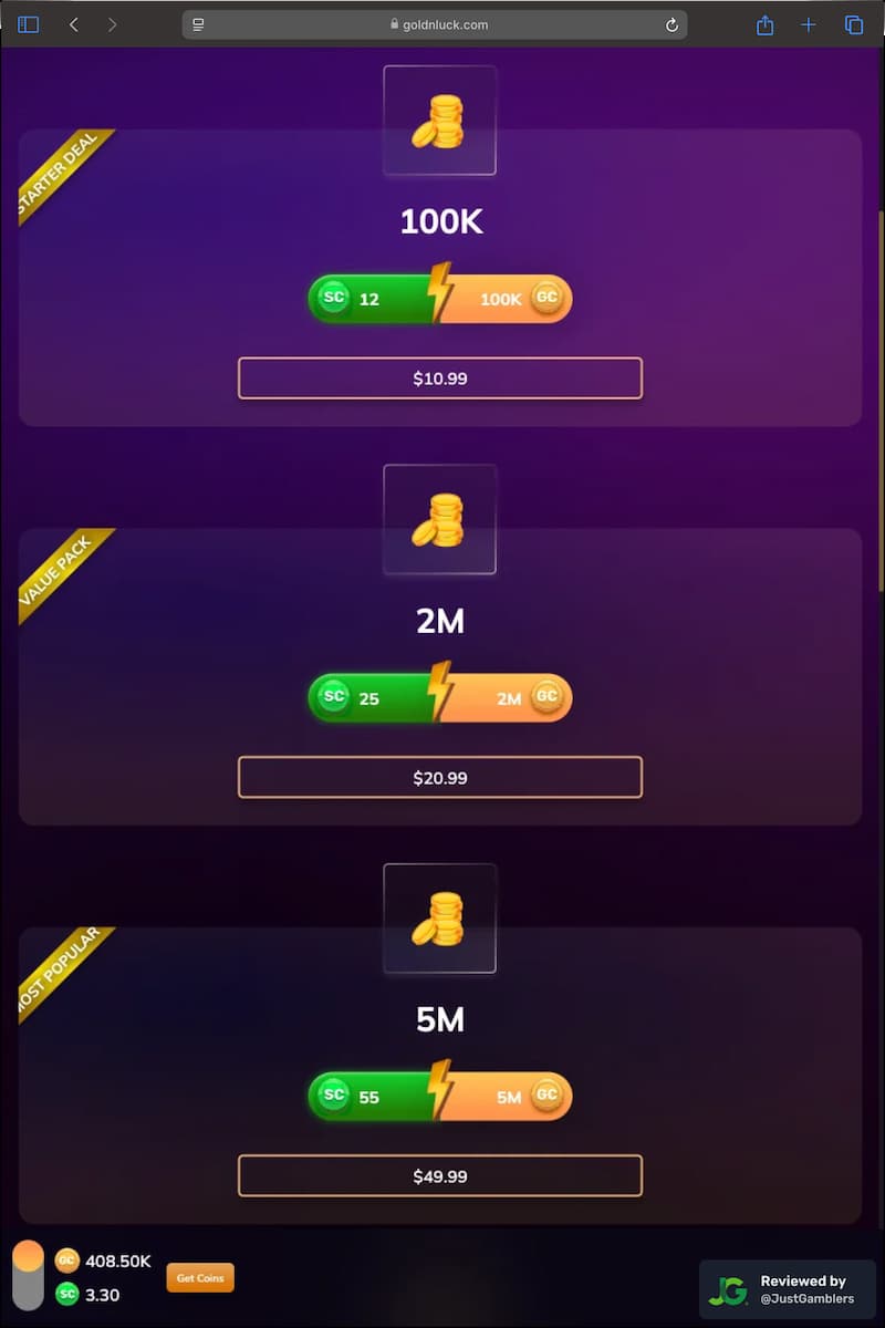 Tablet screenshot of the coin purchase process at GoldNLuck.