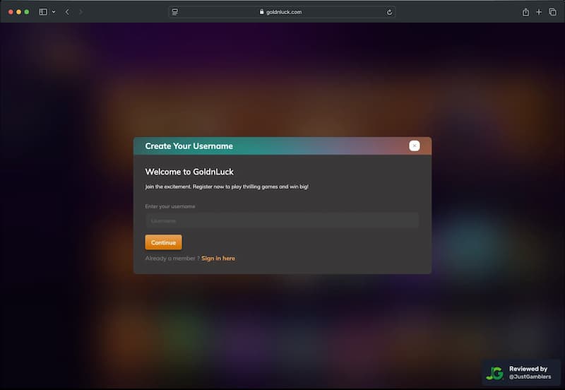 Desktop screenshot of the registration page at GoldNLuck.
