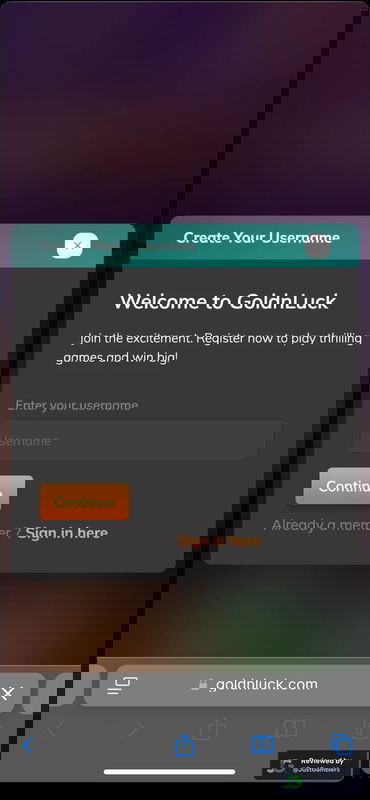 Mobile screenshot of the registration page at GoldNLuck.