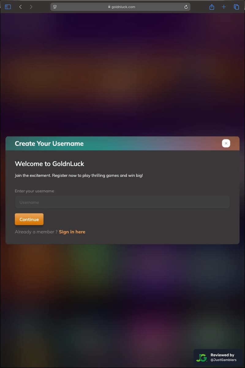 Tablet screenshot of the registration page at GoldNLuck.
